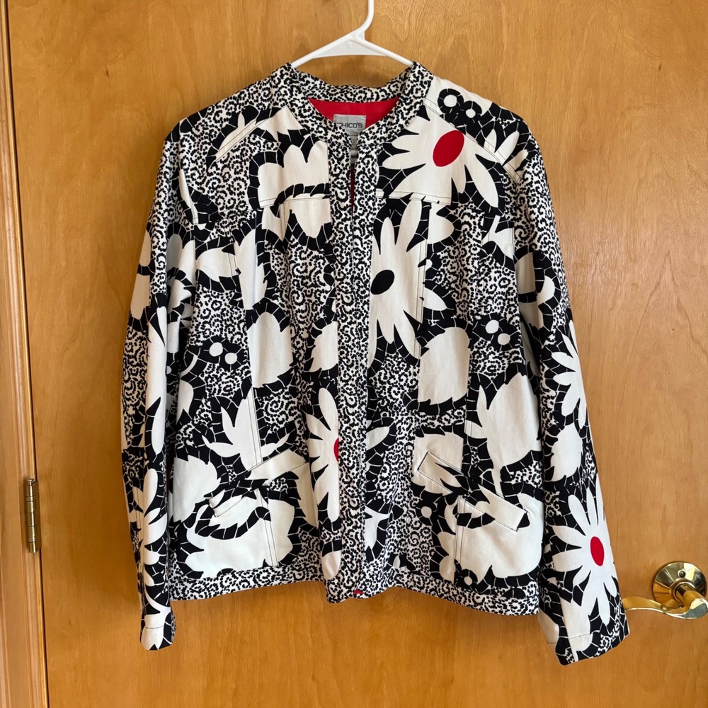 Chico's Jacket Black White Floral Red Trim Mandarin Collar Women's Size 2